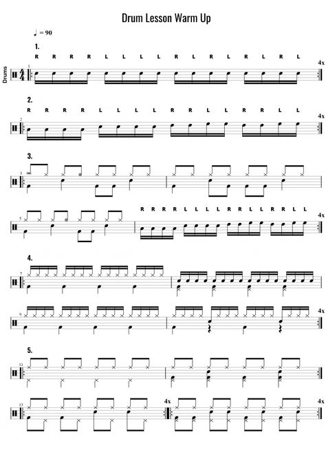 5 warm up exercises for the start of a drum lesson. Sticking patterns, drum beats, drum fills and beats with 4 way co-ordination. Basic Drum Patterns, Drum Sheet Music Beginner, Drum Basics, Basic Drum Notation, Snare Drum Sheet Music, Drum Rudiments, Learn Drums, Drum Notes, Popular Piano Sheet Music