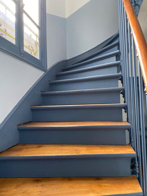 Teal Staircase, Blue Stairwell, Blue Staircase, Blue Stairs, Hall Ways Ideas, Stairs And Hallway Ideas, Stairs Landing, White Staircase, Painted Staircases