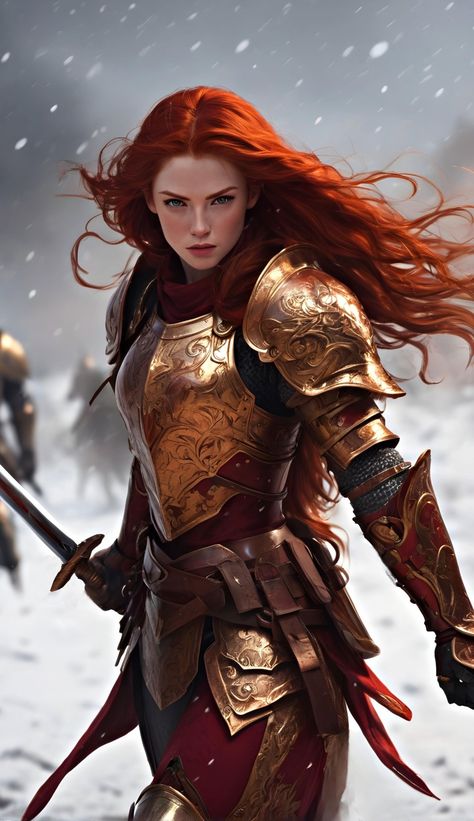 Redhead Knight Female, Redhead Warrior Woman, Medieval Woman Aesthetic, Dnd Fighter Female, Female Fighter Dnd, Dnd Female Fighter, Red Hair Warrior, Female Knight Art, Phoenix Warrior