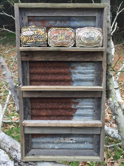 Rustic belt buckle display for purchase! Buckle Shelf Display, Buckle Case Display, Western Craft Fair Display, Buckle Box Display Case, Belt Buckle Shelf, Diy Buckle Display, Trophy Buckle Display, Belt Holder Ideas, Buckle Holder Diy