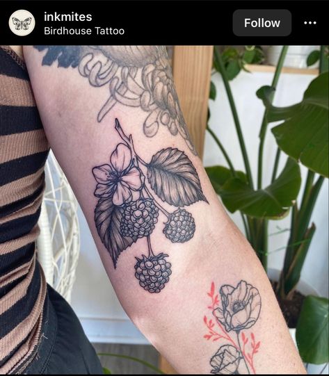 Berry Tattoo, Raspberry Tattoo, Arm Tats, Branch Tattoo, Stick N Poke Tattoo, Vine Tattoos, Plant Tattoo, Poke Tattoo, Heart Tattoo