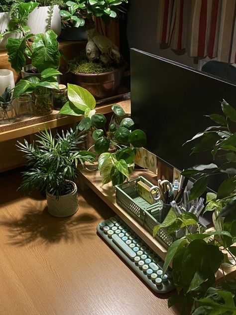 Plant Room Desk, Plant Pc Setup Aesthetic, Aesthetic Room Decor Plants, Plant Desk Aesthetic, Desk Plants Aesthetic, Gaming Setup With Plants, Plant Desk Setup, Gaming Setup Plants, Plant Gaming Setup