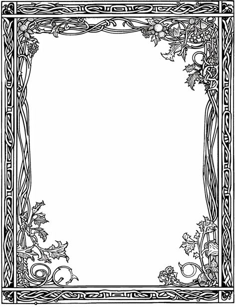 The image is a black and white frame with Celtic knots and floral designs. The frame is rectangular and has a Celtic knot pattern running along the outer edge. On each corner, there is a floral design with leaves and berries. Inside the frame, there is a blank space that can be used for text or images. Celtic Frame, Celtic Knot Border, Viking Knotwork, Celtic Border, Filigree Border, Irish Mythology, Knot Pattern, Character Sheets, Celtic Knots