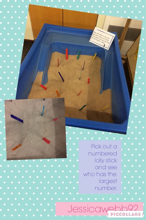 Pick out a lolly stick and see who has the highest number. EYFS Sand Tray Eyfs, Sand Eyfs, Numbers Eyfs, Sand Tray Ideas Eyfs, Sand Activities, Outdoor Maths, Curriculum Kindergarten, Reception Maths, Maths Eyfs