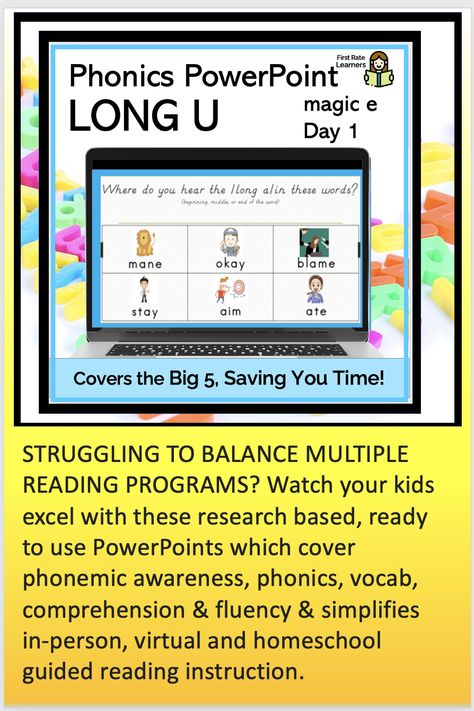 TRYING TO BALANCE MULTIPLE READING PROGRAMS? Your kids will excel with these sequencial-research based PowerPoints for phonemic awareness, phonics, vocab, comprehension & fluency as it simplifies in-person, virtual & homeschool guided reading instruction. Includes blends, vowel teams, digraphs, ASL, & pics support for both proper articulation & emergent learners (EL's & ELL's). Uses strategies from Heggerty, Spire, dysleia training,Science of Reading! https://www.youtube.com/watch?v=O00a-iyNt_w Homeschool Guide, Vowel Teams, Magic E, Phonics Instruction, Vowel Team, First Grade Reading, Reading Instruction, Reading Program, Phonemic Awareness