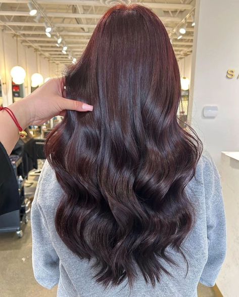 Cherry Cola Red Is The Luxe Hair Color You’ll Be Into This Season Subtle Cherry Red Hair, Brunette Cherry Hair, Dark Cherry Cola Hair Color Brown Skin, Coca Cola Red Hair, Cola Brown Hair, Dark Dark Red Hair, Dark Brown Cherry Hair Color, Cherry Coke Balayage, Cherry Mocha Hair