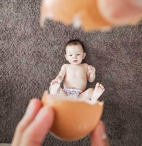 Cracked egg with baby in the middle Monthly Baby Photography, Easter Egg Ideas, 1 Month Baby, Baby Photography Backdrop, Egg Ideas, Egg Photo, Eggs For Baby, Hospital Pictures, Baby Pic