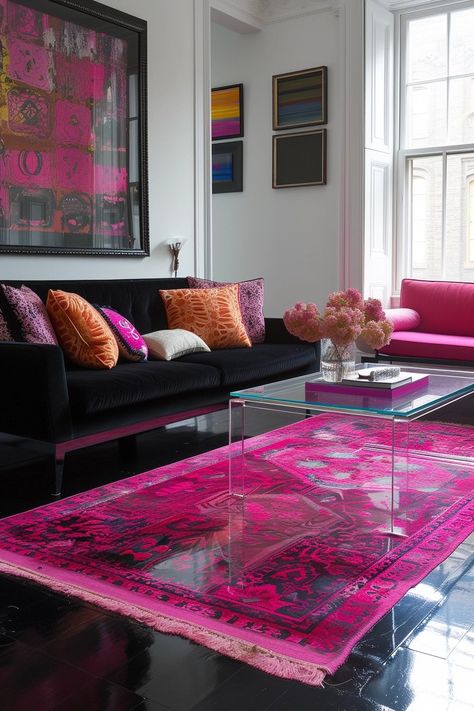 26 Pink and Black Living Room Ideas for a Chic Interior Update Living Room Pink And Black, Hot Pink Sofa Living Room Ideas, Black And Pink Rug, Pink And Black Apartment Decor, Pink And Black Living Room, Black And Pink Living Room Decor, Hot Pink Couch, Hot Pink Living Room, Eclectic Studio Apartment