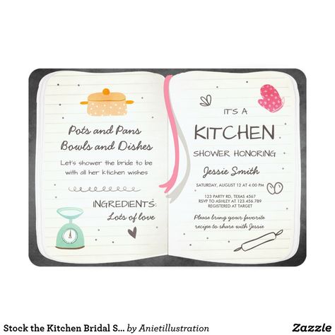 Stock the Kitchen Bridal Shower Invitation Cooking Kitchen Bridal Shower, Kitchen Shower, Fun Wedding Invitations, Bridal Shower Invitation, Envelope Liners, Save The Date Cards, Custom Invitations, Zazzle Invitations, Recipe Cards