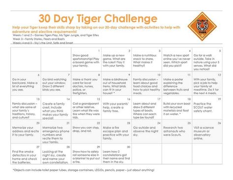 Take the 30 day Cub Scout challenge! Work on both required and elective adventures from your home. Get calendars for Lions, Wolves, Bears, and Webelos & Arrows of Light. #CubScout #30DayCubScoutChallenge #CubScouts #CubScoutIdeas Tiger Cub Scouts Activities, Cub Scout Games, Boy Scout Activities, Cub Scouts Bear, Tiger Scouts, Cub Scouts Tiger, Cub Scout Crafts, Scout Games, Scout Projects