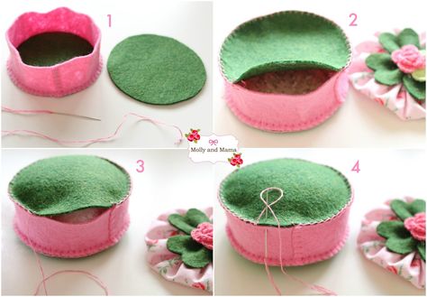 Diy Pincushion, Felt Pincushions, Cushion Tutorial, Pin Cushions Patterns, Wool Applique Patterns, Felt Embroidery, Felt Pattern, Hand Stitch, Sewing Projects For Kids