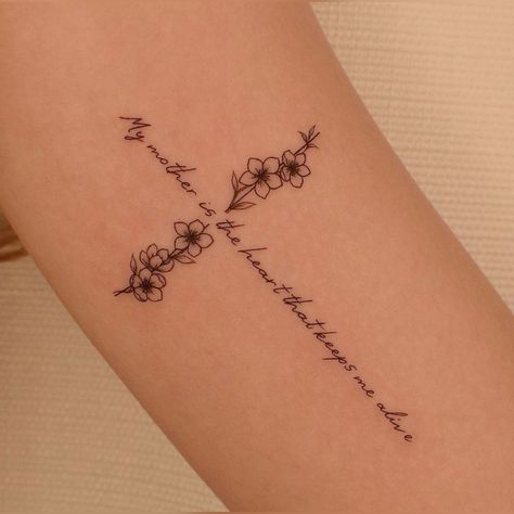 Cross Female Tattoo, Cross Scripture Tattoo, Roman’s 12:10 Tattoo, Cross With Quote Tattoo, Tattoo Ideas Cross Flowers, Cross With Thorns Tattoos For Women, Cross With Words Tattoos For Women, Cross Remembrance Tattoos, Christian Feminine Tattoos