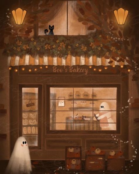 Malefica Crafts on Instagram: "🍂🍁Boo’s Bakery🍁🍂 Someone suggested I draw a ghost baking a pumpkin pie. As I have already drawn a kitchen ghost, I decided to draw a haunted bakery! Hope you like it! . . . . . #october #jackolantern #ghouls #spookycute #creepy #leaves #autumnleaves #autumnvibes #autumnaesthetic #halloween #fallvibes #cottagecoreaesthetic #cottagecore #boo #bakerylove #bakeryart #blackcat #pumpkinpie #pumpkins #ghosts #cuteghost #trickortreat #spookydecor #ghostcore #shopsmallo Halloween Lofi Aesthetic, Halloween Cottagecore Aesthetic, Cottagecore Halloween Aesthetic, Jackolantern Aesthetic, Spooky Bakery, Ghost Baking, Cottagecore Bakery, Baking A Pumpkin, Spooky Halloween Drawings