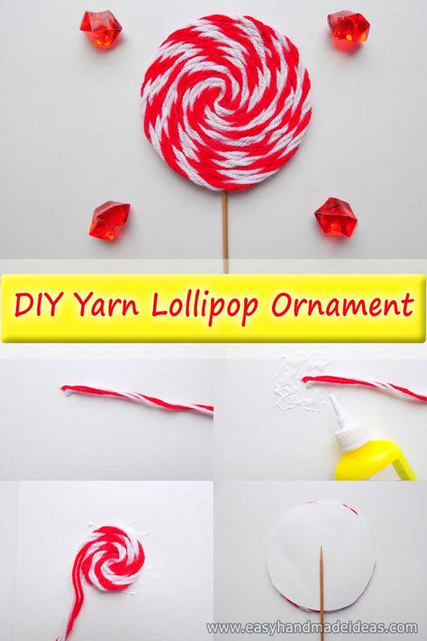 Yarn Lollipop Ornament, Yarn Lollipop, Christmas Lollipop Decorations, How To Make Lollipops, Doll Applique, Lollipops Diy, Making Yarn, Lollipop Decorations, Where's Wally