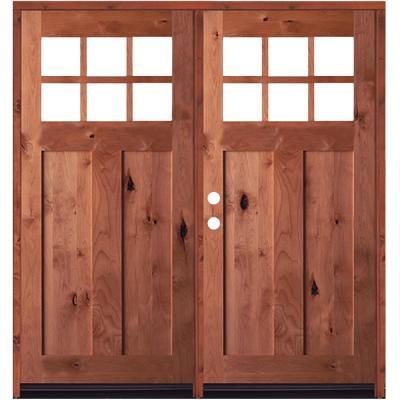 72 in. x 80 in. Craftsman Knotty Alder Wood Clear 6-Lite Red Chestnut Stain Right Active Double Prehung Front Door Entryway Color, Chestnut Stain, Red Mahogany Stain, Provincial Stain, Double Doors Exterior, Rustic Centerpiece, Craftsman Door, Red Chestnut, Stained Doors