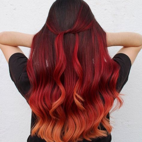 Red And Orange Hair, Orange Ombre Hair, Fire Red Hair, Flame Hair, Red Orange Hair, Fire Hair, Balayage Technique, Hair Artist, Bright Hair