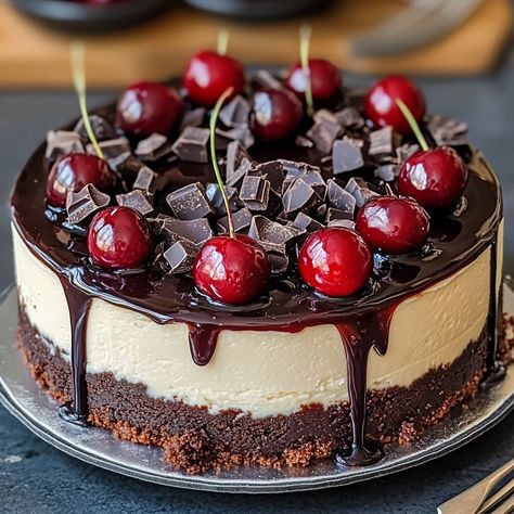 Black Forest Cheesecake, A Symphony of Chocolate & Cherries - Grammy Recipes Black Forest Cheesecake Recipe, Black Forest Cheesecake, Black Forest Cake Recipe, Chocolate Cherries, Cherry Topping, Tart Cherries, Homemade Popcorn, Black Forest Cake, Cherry Cheesecake