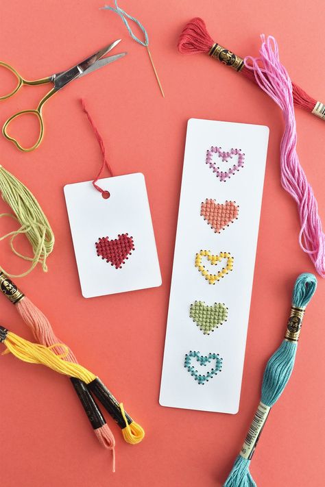 Heart Cross Stitch, Stitching On Paper, Wild Olive, Heart Bookmark, Cross Stitch Bookmarks, Cross Stitch Heart, Mini Cross Stitch, Paper Embroidery, Heart Tag