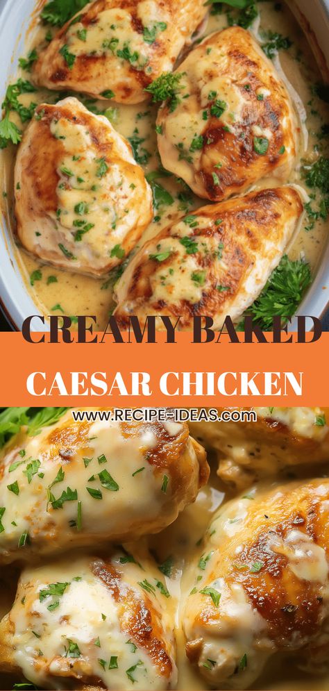 This pin features two images showcasing Creamy Baked Caesar Chicken. It highlights a delicious and easy chicken breast recipe topped with Caesar dressing and Parmesan cheese, perfect for dinner ideas. Popular Chicken Recipes Dinners, Yummy Sauce For Chicken, Low Calorie Chicken Recipes For Dinner, Baked Caesar Chicken With Parmesan Sauce, Tenderized Chicken Breast Recipes, Simple Chicken Dinner Ideas, Caesar Chicken Baked, Carnivore Diet Chicken Breast Recipes, Sauces For Chicken Breast