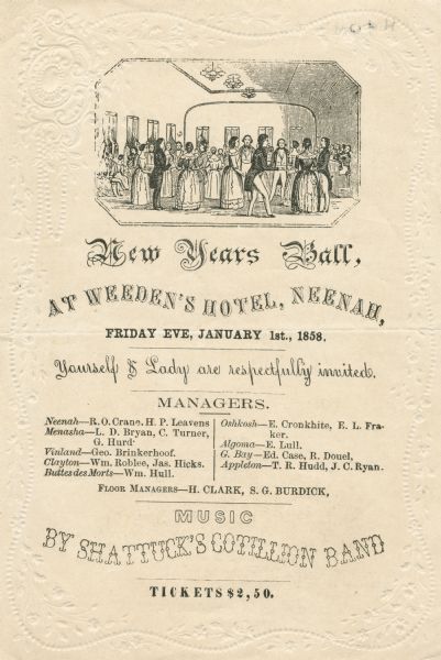 Printed invitation to the 1858 New Year's Ball given at Weeden's Hotel in Neenah with music provided by Shattuck's Cotillion Band. The invitation is printed on embossed paper with an illustration of a dancing party. Image ID: 33147 Ball Invitation Aesthetic, Formal Ball Invitations, Ball Invitation, Fairytale Ball Invitation, Masquerade Ball Poster Design, New Years Ball, Ball Dance, Dance Party Invitations, Debutante Ball