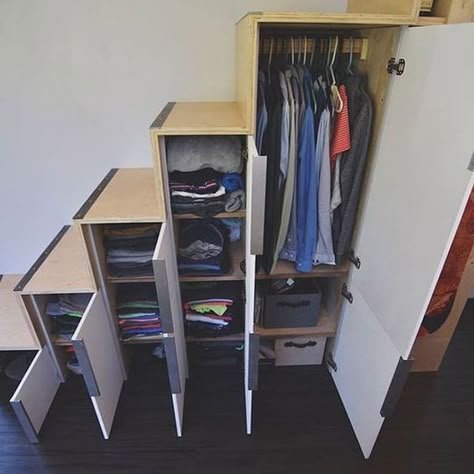 44 Unique Tiny House Stairs Ideas, Tips and Designs Step Storage, Stairs Closet, Stairs Storage, Tiny House Stairs, Tiny House Storage, Loft Stairs, Tiny House Interior Design, Tiny House Inspiration, Top Bunk