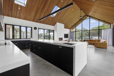 Fyansford VIC | Silvertop Ash Proplank Click In Batten System Burnt Timber, Gable Roof Design, Ceiling Cladding, Sliding Shutters, 80s Home, Timber Battens, Bar Ceilings, Timber Roof, Timber Ceiling