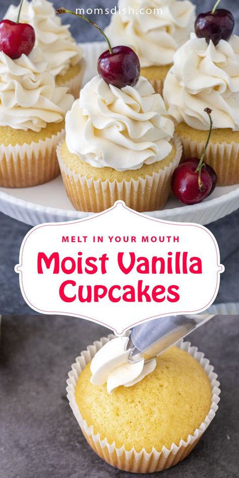 These moist vanilla cupcakes are easy to make and the perfect dessert. They are the perfect dessert for any occasion, they will literally melt in your mouth. This cupcake recipe is super easy and is perfect for any day when you are craving a sweet treat. #homemadecupcakes #vanillacupcakes #easydessertrecipe #dessertrecipe #desserts #vanillacupcakes Light Fluffy Cupcakes Recipes, The Best Cupcakes Recipe, Box Vanilla Cupcakes, 12 Cupcakes Recipe, Large Batch Vanilla Cupcakes, Basic Vanilla Cupcake Recipe, Vanilla Cupcakes From Box Cake Mixes, Super Moist Cupcake Recipe, Best Moist Vanilla Cupcakes