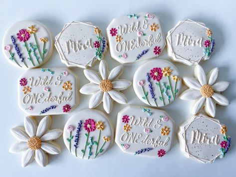 Wild & Onederful 🌼 #cookies #cookiedecorating #wildandwonderful #wildflower #firstbirthday #wildone #cookiesofinstagram Wildflower 1st Birthday Cookies, Wild And Onederful Birthday Girl, Wildflower Cookies Decorated, Onederful Cookies, Wildflower Cookies, Goose Party, Cutout Cookie, Flower Cookies, Cookies Decorated