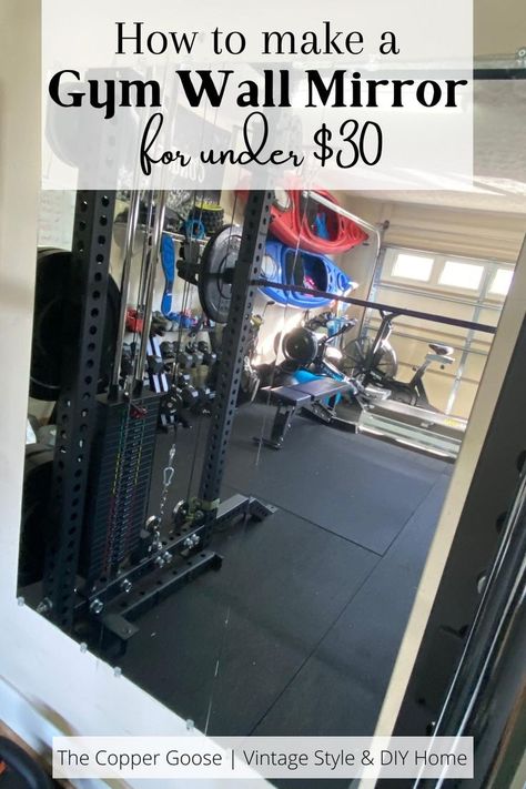 Gym Wall Mirror, Home Gym Mirror Ideas, Gym Mirror Wall, Garage Gym Design, Cheap Mirror, Cheap Home Gym, Basement Home Gym, Home Gym Mirrors, Home Gym Storage