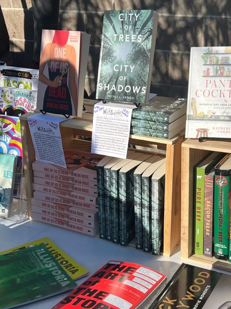 City of Trees, City of Shadows at the Boozy Book Fair Vendor Book Display, Book Fair Booth Design, Book Fair Display Ideas, Book Fair Set Up, Pop Up Shop Book Display Ideas, Book Fair Ideas Display, Bookstore Display, Mobile Bookstore, Dream Bookstore