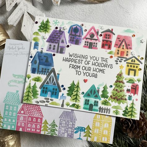 ONE LAYER! Rainbow Christmas Neighborhood Card | Hero Arts November 2023 My Monthly Hero Blog Hop – Nichol Spohr LLC Christmas Neighborhood, Winter Town, Nichol Spohr, Candy Cane Lane, Rainbow Christmas, Shot Ideas, Rainbows Christmas, Pretty Pink Posh, Card Making Tutorials