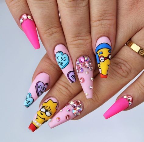 Disney Acrylic Nails, Plain Nails, Glamour Nails, Crazy Nails, Acrylic Coffin, Disney Nails, Summer Acrylic Nails, Heart Nails, Coffin Nails Designs