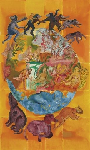 Nalini Malani, Sun In Aquarius, Narrative Painting, Interesting Paintings, Aquarius Art, Narrative Art, Contemporary Arts, Fairytale Illustration, Mural Wall