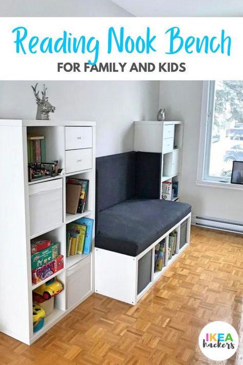 Kallax Reading Corner, Ikea Reading Corner, Reading Nook With Storage, Reading Nook Bench, Kallax Kids Room, Diy Kallax, Toy Room Storage, Reading Bench, Ikea Bench