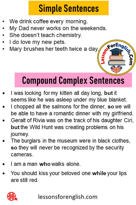 100 Simple, Compound and Complex Sentences Examples and Definition Simple Compound and Complex Sentences To express our ideas and thoughts or make a statement, we use sentences. In English, there are three main types of sentences. These sentence types are called “Simple Sentences, Compound Sentences, and Complex Sentences”. Throughout this page, you will be able to learn what are those sentences, how to use these sentences, and is there any crucial difference between them. Let’s start with the What Is A Sentence, Simple Compound Conplex Sentences, Simple Vs Compound Sentences, Simple Compound And Complex Sentences Worksheet, Compound Complex Sentences Examples, Complex Sentences Examples, Simple And Complex Sentences, How To Makr, Compound Complex Sentences