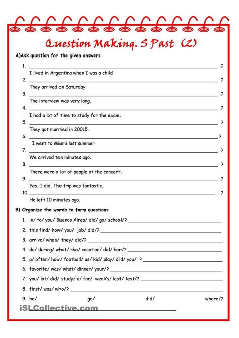 This worksheet is the second in the series. There are two exercises, make question for the given answers and unscramble the the words to form questions. It is m Make Questions Worksheets, Restate The Question, Sign Language Lessons, Simple Past, Esl Teaching Resources, English Teaching Materials, Past Simple, English Exercises, English Grammar Worksheets