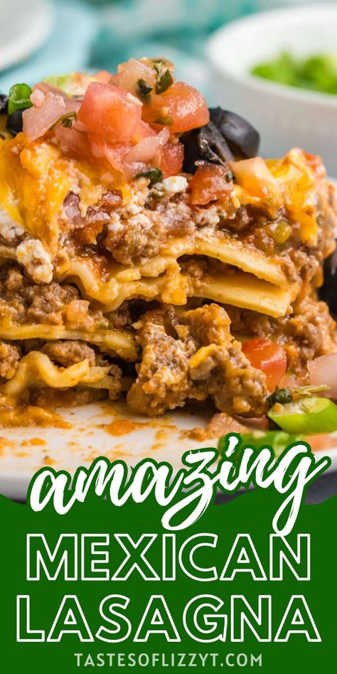 10 layers of deliciousness. This Mexican lasagna recipe is full of pasta, beef, beans and salsa. You'll love this Mexican casserole! Lasagna Recipe Mexican, Texas Lasagna Recipe, Easy Mexican Taco Lasagna, Taco Lasagna Recipe With Noodles, Mexican Taco Lasagna Recipe, Mexican Pasta Dishes, Mexican Style Lasagna, Mexican Lasagna Recipe With Noodles, Chili Lasagna Recipe