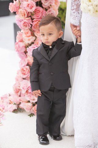 Ring Bear Outfit, Ring Bearer Outfit Black, Ring Boy Outfits, All Black Tuxedo, Rooftop Wedding Ceremony, Pride Weekend, Wedding Pants, Wedding In California, Inside Weddings