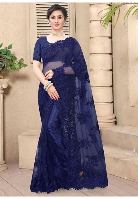 Navy Blue Resham Embroidered Net Saree Blue Net Saree, Net Blouses, Half Sleeve Blouse, Utsav Fashion, Net Saree, Blue Saree, Trendy Sarees, Wear Saree, Fancy Sarees