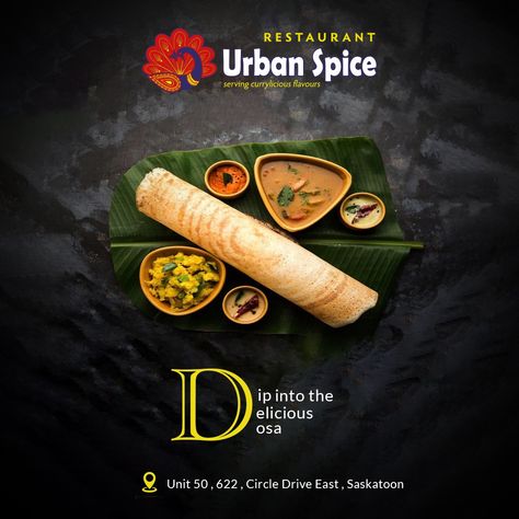 Expertly made South Indian cuisine that packs a punch in every bite! . . . #SouthIndianFood #DosaSamba #Dosa #Sambar #GreenChutney #DosaChutney #Food #Foodie #FoodGasm #FoodLover #FoodbBlogger #Foodsagram #FoodPorn #Foods #FoodGram #FoodBlog #Foodies #FoodPics #FoodLovers #FoodiesOfInstagram #Saskatoon #Saskatchewan #UrbanSpicerestaurant #UrbanSpiceKitchen Dosa Creative Ads, South Indian Food Creative Ads, Dosa Poster, Dosa Chutney, Indian Catering, Saskatoon Saskatchewan, Hotel Ads, Food Post, Advertisement Template