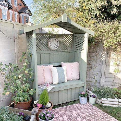 Beautiful sage green and pink set up in the garden, ready for spring! #garden #outdoor #outdoorliving Garden Arbour Seat, Arbour Seat, Small Cottage Garden Ideas, Spring Gardening, Small Courtyard Gardens, Back Garden Design, Corner Garden, Cottage Garden Design, Garden Arbor