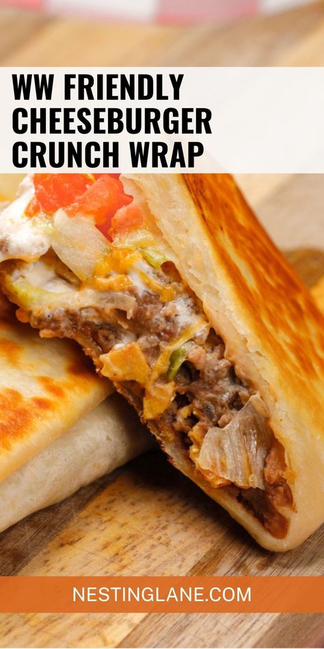 Satisfy your cravings with this delicious WW Friendly Cheeseburger Crunch Wrap recipe! Made with wholesome ingredients, this wrap packs a delicious punch while still being diet-friendly. The crispy toasted tortilla, juicy beef, melted cheese, and fresh veggies make for a winning combination. Perfect for a quick lunch or dinner, this recipe is sure to become a family favorite. Get the full recipe now and enjoy a guilt-free cheeseburger experience! MyWW Points: 2 Green Plan, 2 WW Smart Points. Weight Watchers Ground Beef Recipes, Weight Watchers Ground Beef, Cheeseburger Crunch Wrap, Crunch Wrap Recipe, Weight Watcher Wraps, Weight Watchers Food Points, Crunch Wrap, Wrap Recipe, Quick Lunch