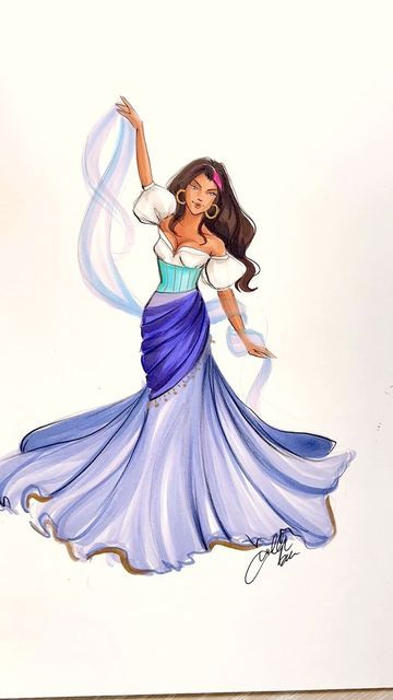 Holly Nichols on Instagram: "One of my favorites as a kid 🥰 #esmeralda #princess #fashionillustration #copicmarkers #asmr #illustrationartists" Disney Princess Dresses Drawings, Holly Nichols Illustration, Princess Dress Drawing, Holly Nichols, Broadway Street, Cartoon Dress, Fashion Illustration Tutorial, Fashion Figure Drawing, Disney Princess Fashion