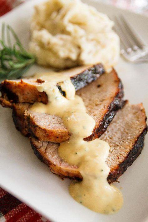 Grilled Pork Loin with Creamy Mustard Sauce Pork Loin Mustard Sauce, Pork Loin Sauce, Pork Lion Recipes, Diane Sauce, Grilled Pork Loin, Mustard Dip, Creamy Mustard Sauce, Leftover Pork, Mustard Sauce