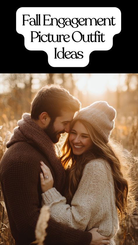 Couple wearing cozy fall outfits with warm layers and earthy tones during an outdoor engagement photo shoot. Fall Pictures For Couples Outfits, Engagement Picture Outfit Ideas, Fall Engagement Pictures Outfit, Winter Couple Pictures, Winter Engagement Photos Outfits, Fall Engagement Outfits, Picture Outfit Ideas, Fall Photo Shoot, Fall Engagement Shoots