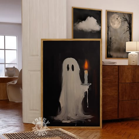 DIGITAL DOWNLOAD: Cute Halloween Ghost Art Print, Ghost Painting, Halloween Decor, Ghost Holding a Candle Printable Wall Art, Digital Print, Downloadable Art NO PHYSICAL PRINT will be shipped to your address You'll receive 2 PDFs: 1 - PDF with a link to the files located in Dropbox 2 - Instructions It's important to read the INSTRUCTIONS PDF to ensure you download the files correctly. Please note...You will need to download and save the files to a computer....not a phone. You will then be able t Family Halloween Painting Ideas, Art With A Black Background, Halloween Texture Art, Black And White Halloween Decor Living Room, Diy Halloween Art Canvas, Mystic Halloween Decor, Funny Halloween Painting, Ghost Wall Art, Halloween Decoration Inspiration