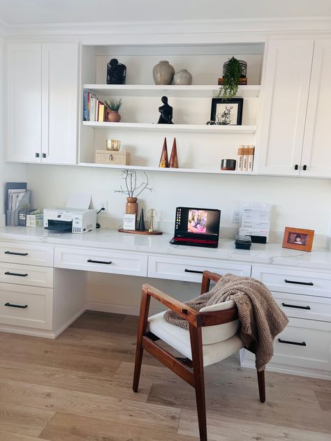 Built In Desk And Cupboards, Office Built Ins 2 Desks, Wide Desk Home Office, Home Office L Shaped Desk Layout, Office With Couch And Desk, Home Office White Desk, Built In Desk And Shelves, Office Decor Organization, White Built Ins