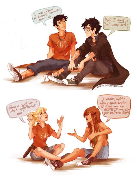 Harry potter percy jackson crossover!! Percy Jackson Film, Percy Jackson Crossover, Percy Jackson Fanart, Art Harry Potter, Glume Harry Potter, Zio Rick, Hazel Levesque, Harry And Ginny, Frank Zhang