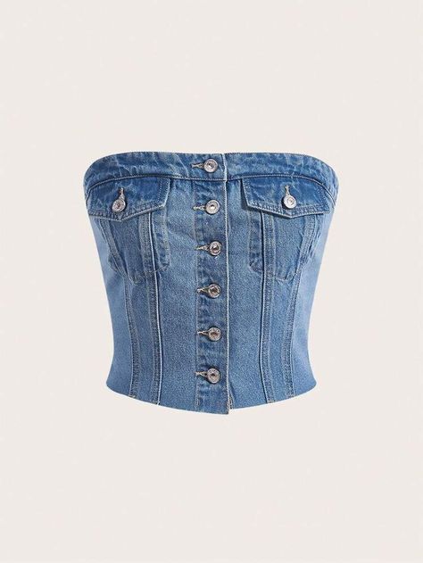 Flap Pocket Button Front Tube Denim Top $15.49 (... | SHEIN Jean Tops For Women, Crop Top Jeans Outfit, Denim Top Outfit Ideas, Denim Tube Top Outfit, Denim Tops Women, Jens Top, Crop Tops With Jeans, Jean Tube Top, Top Vaquero