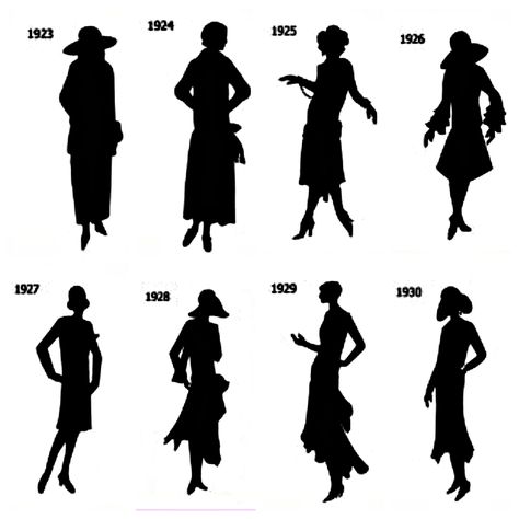 SILHOUETTE In the beginning, 1920’s skirts were 9 inches off the ground, and stay there all the way until 1922. In 1923-24, the hemline dropped and in 1925 it went a little bit up again, when the “shift” type dresses with no waistline emerged.  By 1926 skirts were at their shortest and showed the knee until 1928. The whole leg as far as the kneecap was revealed – this was the height of flapper fashion.  In 1929, the hemline plummeted (along with the stock market) back down to the lower calf. 1920 Silhouette, 1920s Silhouette, Brewery Signs, Flapper Fashion, Fashion Silhouette, Gatsby Party, 1920s Flapper, The Shift, Flapper Style